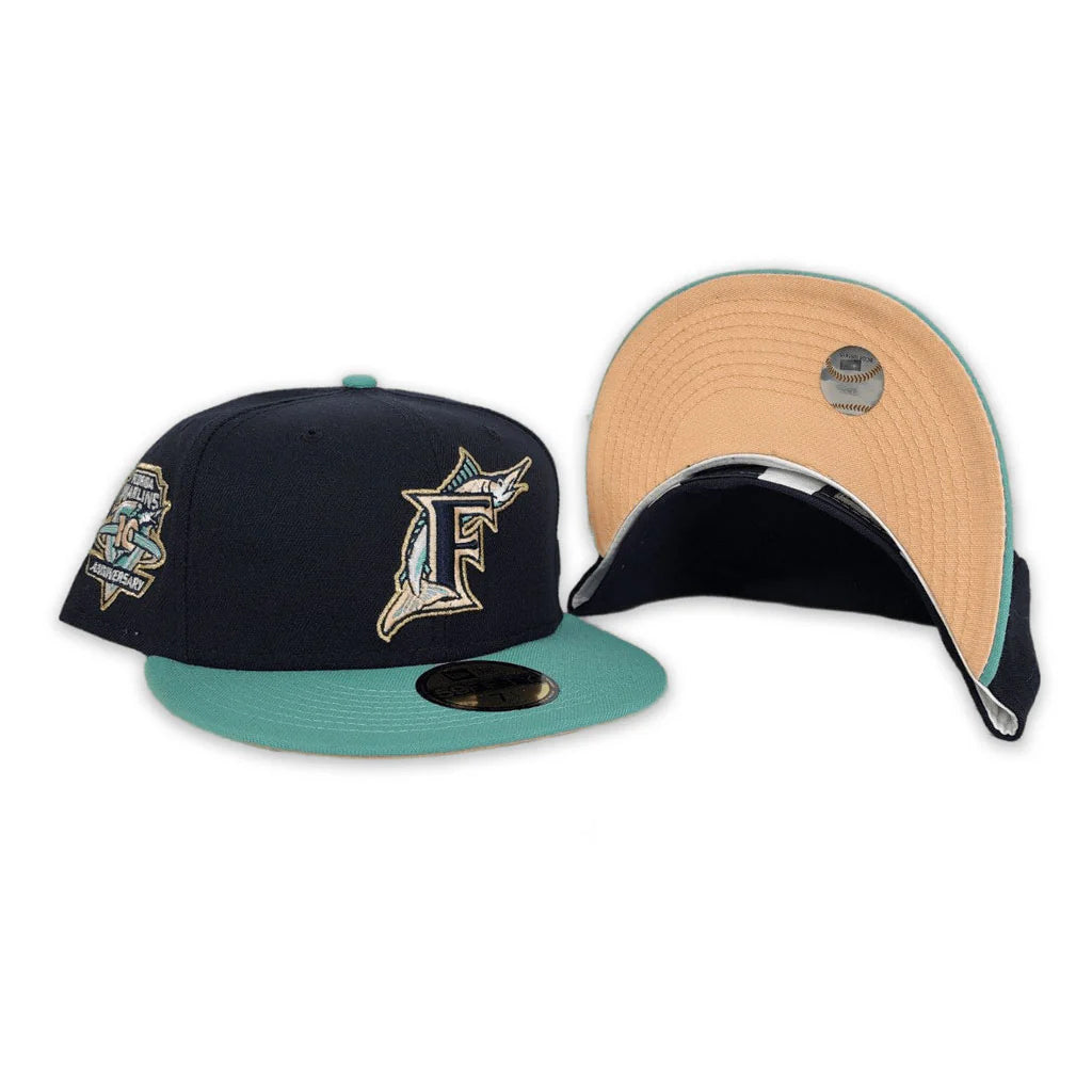 Navy Blue Florida Marlins Mint Visor Peach Bottom 10th Anniversary Side Patch New Era 59Fifty Fitted