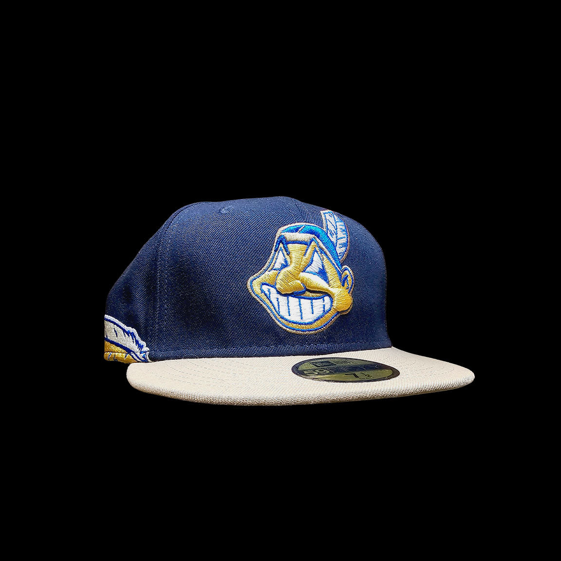 Tan and Navy Feather Cleveland Indians Chief Wahoo Fitted Hat