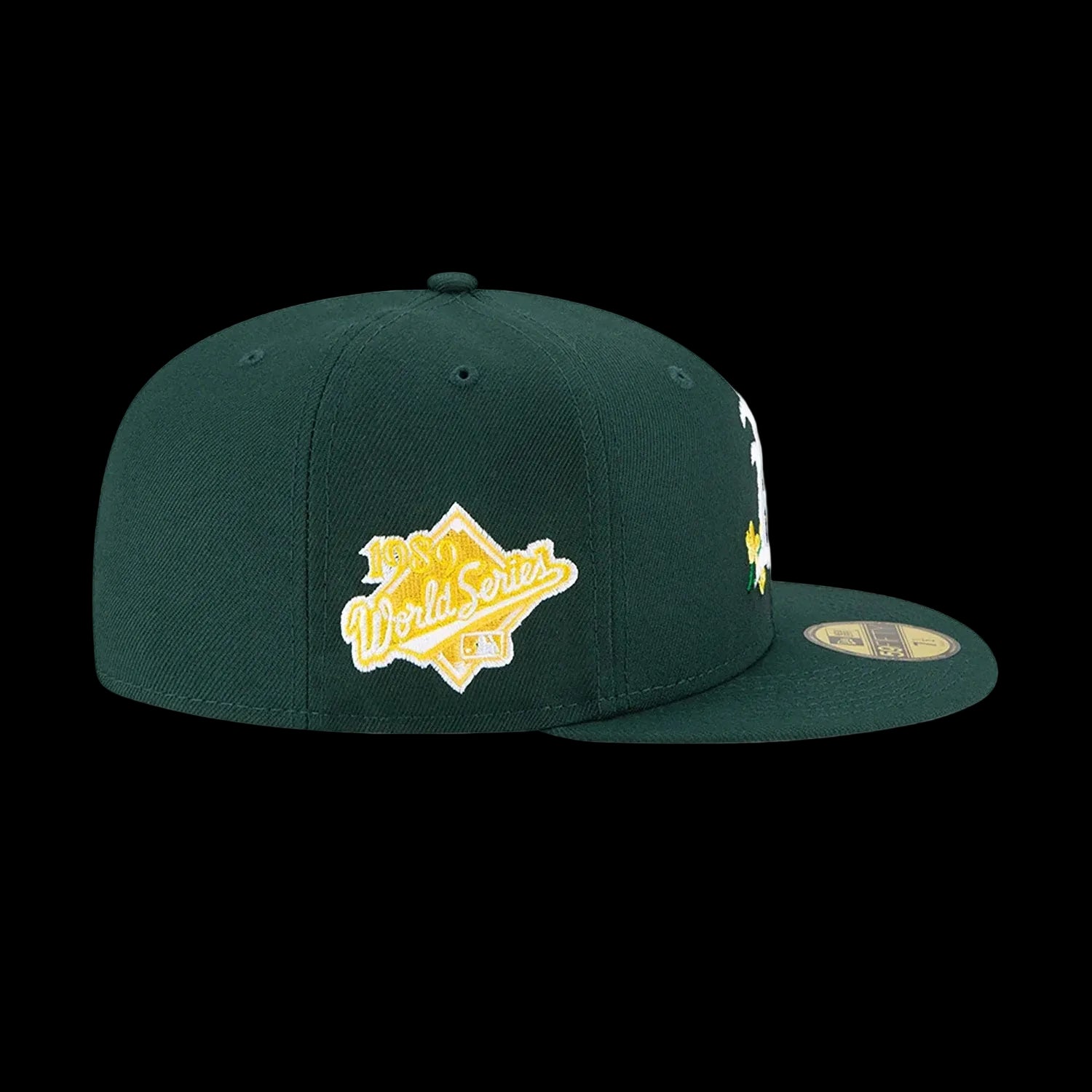 Dark Green Oakland Athletics Soft Yellow Bottom 1989 World Series Side Patch Bloom New Era 59Fifty Fitted
