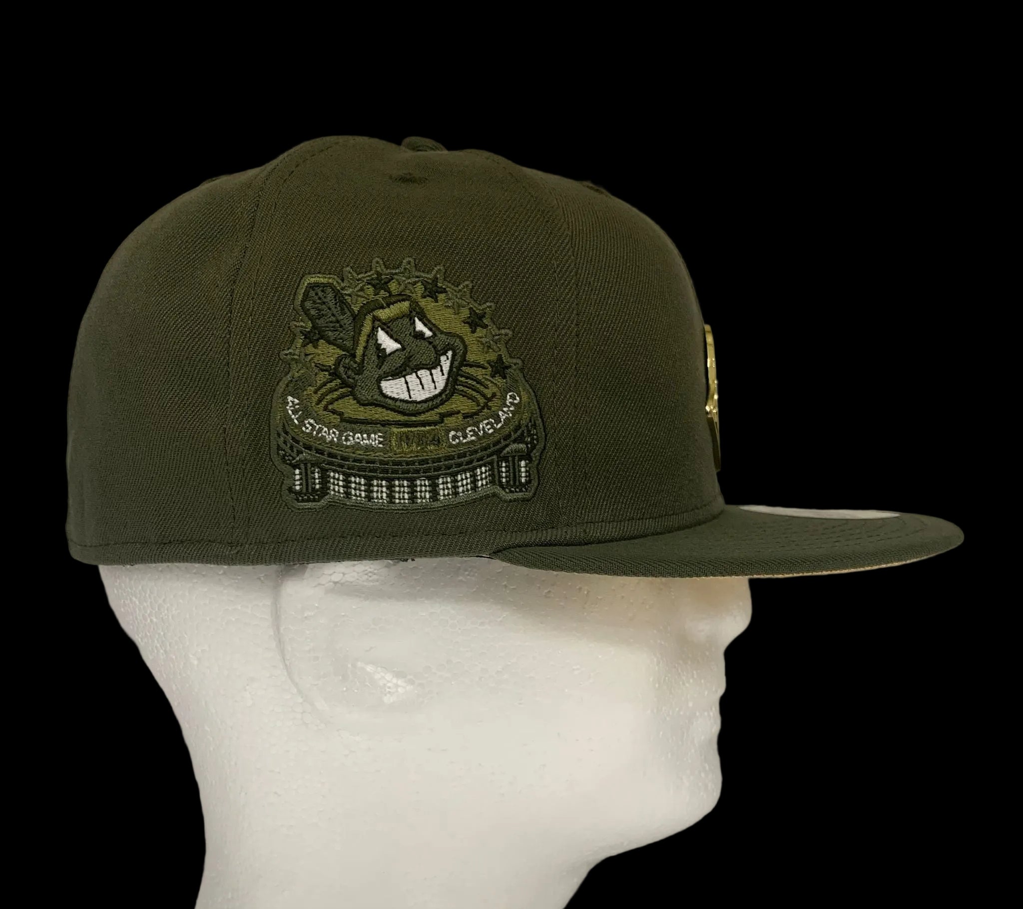 Golden Chief: Olive Green Cleveland Indians 59Fifty with Gold Metal Chief Wahoo