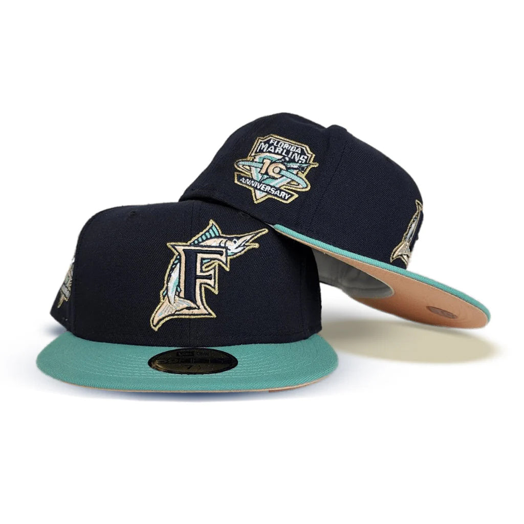 Navy Blue Florida Marlins Mint Visor Peach Bottom 10th Anniversary Side Patch New Era 59Fifty Fitted (BF)