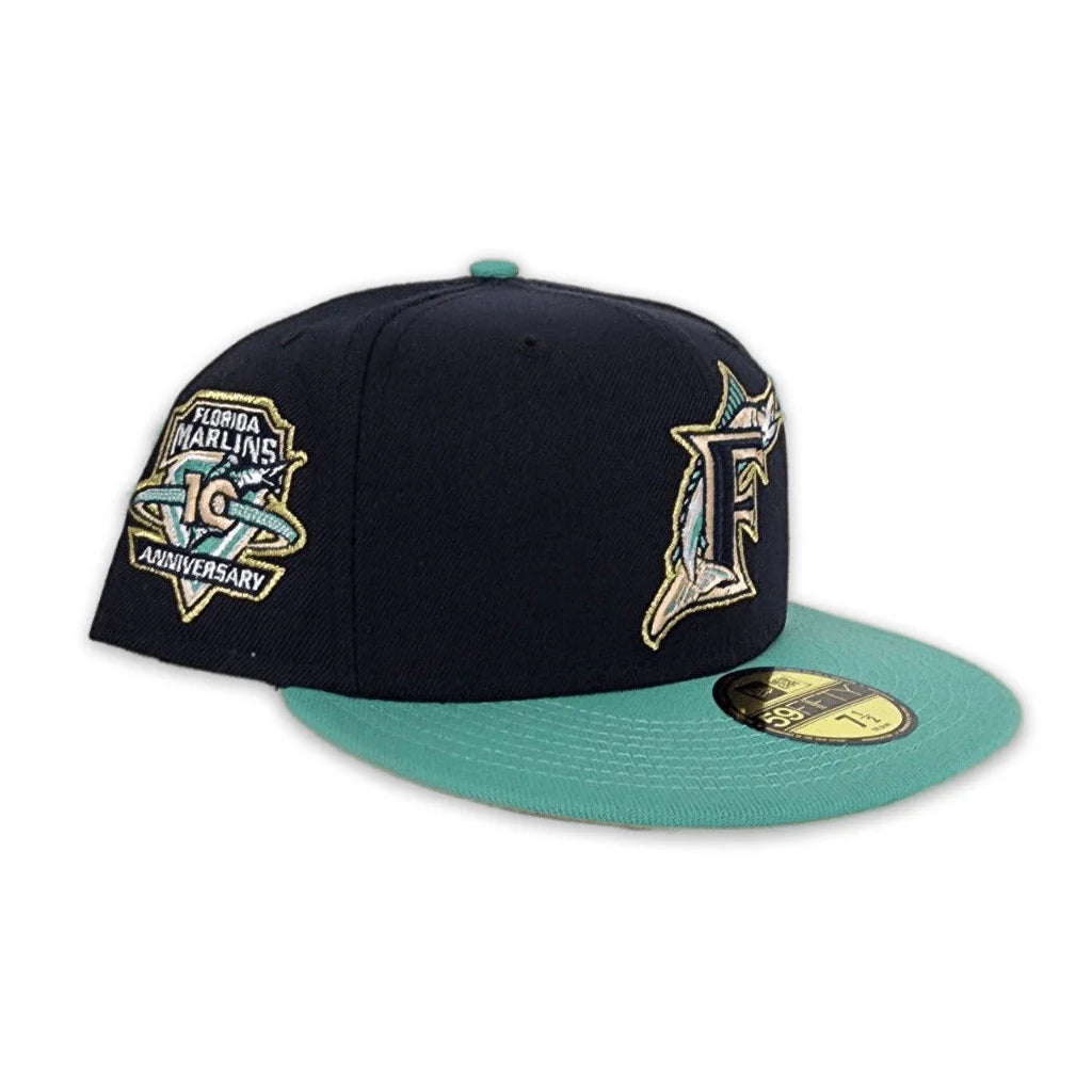 Navy Blue Florida Marlins Mint Visor Peach Bottom 10th Anniversary Side Patch New Era 59Fifty Fitted