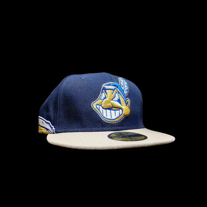 Tan and Navy Feather Cleveland Indians Chief Wahoo Fitted Hat