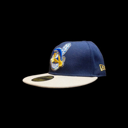 Tan and Navy Feather Cleveland Indians Chief Wahoo Fitted Hat