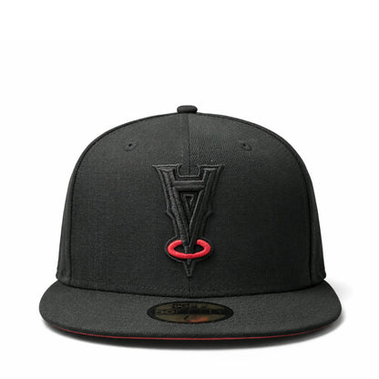 LA Angels Black Red Halo Upside Down 50th Anniversary 59FIFTY Fitted Hat | Black Widow