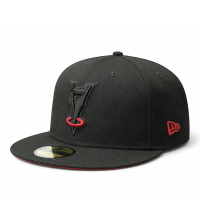 LA Angels Black Red Halo Upside Down 50th Anniversary 59FIFTY Fitted Hat | Black Widow