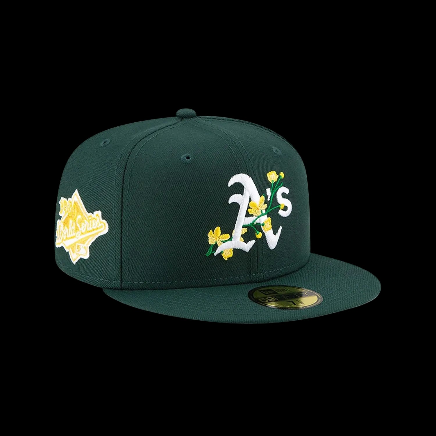 Dark Green Oakland Athletics Soft Yellow Bottom 1989 World Series Side Patch Bloom New Era 59Fifty Fitted