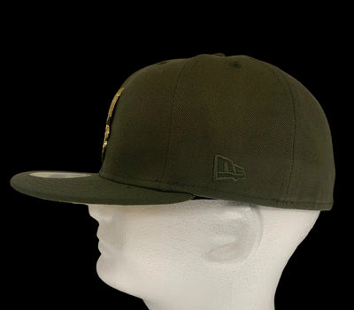 Golden Chief: Olive Green Cleveland Indians 59Fifty with Gold Metal Chief Wahoo