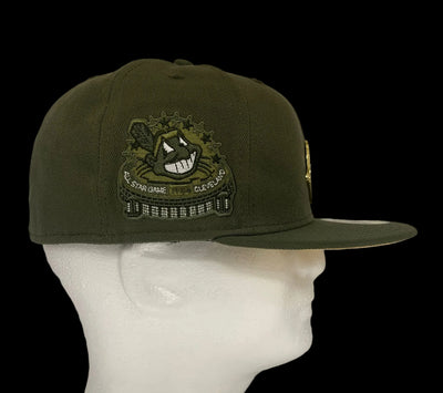 Golden Chief: Olive Green Cleveland Indians 59Fifty with Gold Metal Chief Wahoo