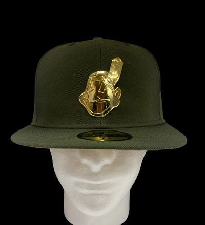 Golden Chief: Olive Green Cleveland Indians 59Fifty with Gold Metal Chief Wahoo