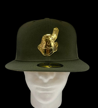 Golden Chief: Olive Green Cleveland Indians 59Fifty with Gold Metal Chief Wahoo