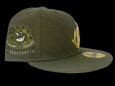 Golden Chief: Olive Green Cleveland Indians 59Fifty with Gold Metal Chief Wahoo