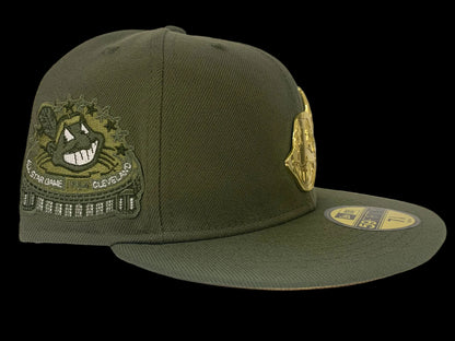 Golden Chief: Olive Green Cleveland Indians 59Fifty with Gold Metal Chief Wahoo